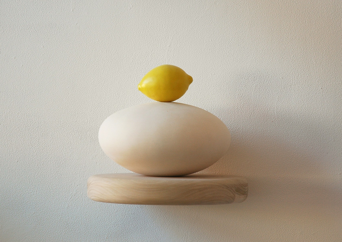 Jeff Krueger, One With Lemon 2, 2015, ceramic on poplar shelf, 14 x 13 x 12 inches