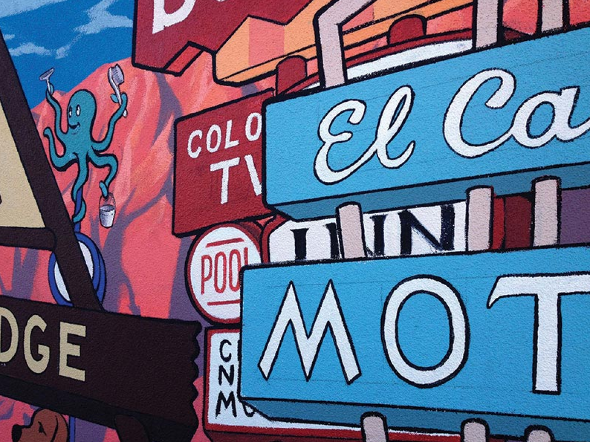 Larry Bob Phillips & CNM art students, Signs of the Times, 2014, mural on Century 14 Theater Building, Albuquerque