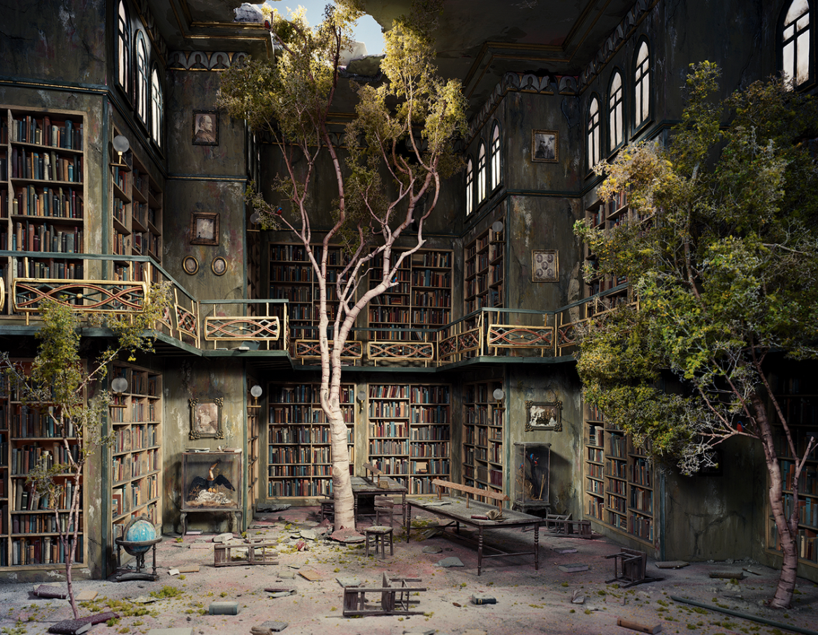 Lori Nix, Library, 2007, c-print, 30 x 40 inches