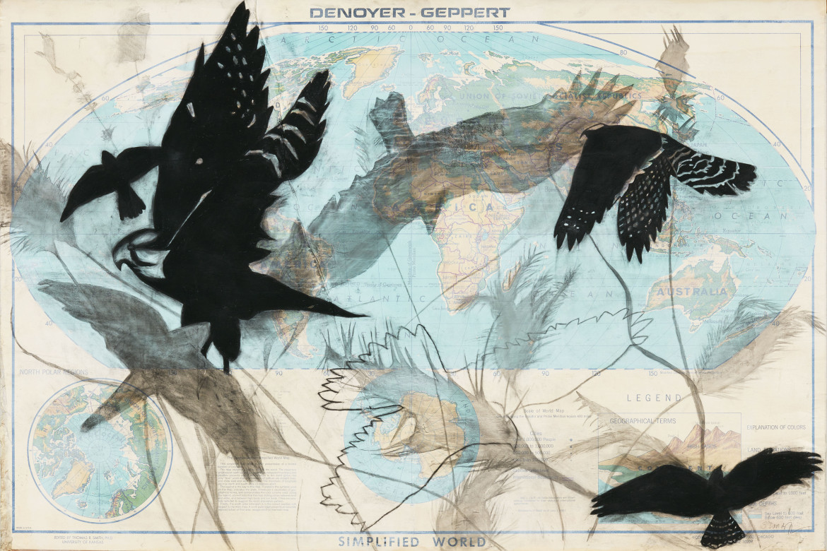 Suzi Davidoff, Simplified World/Aplomada Falcon and Grasses, 2017, charcoal, gesso, map, 50 x 68 x 3 inches