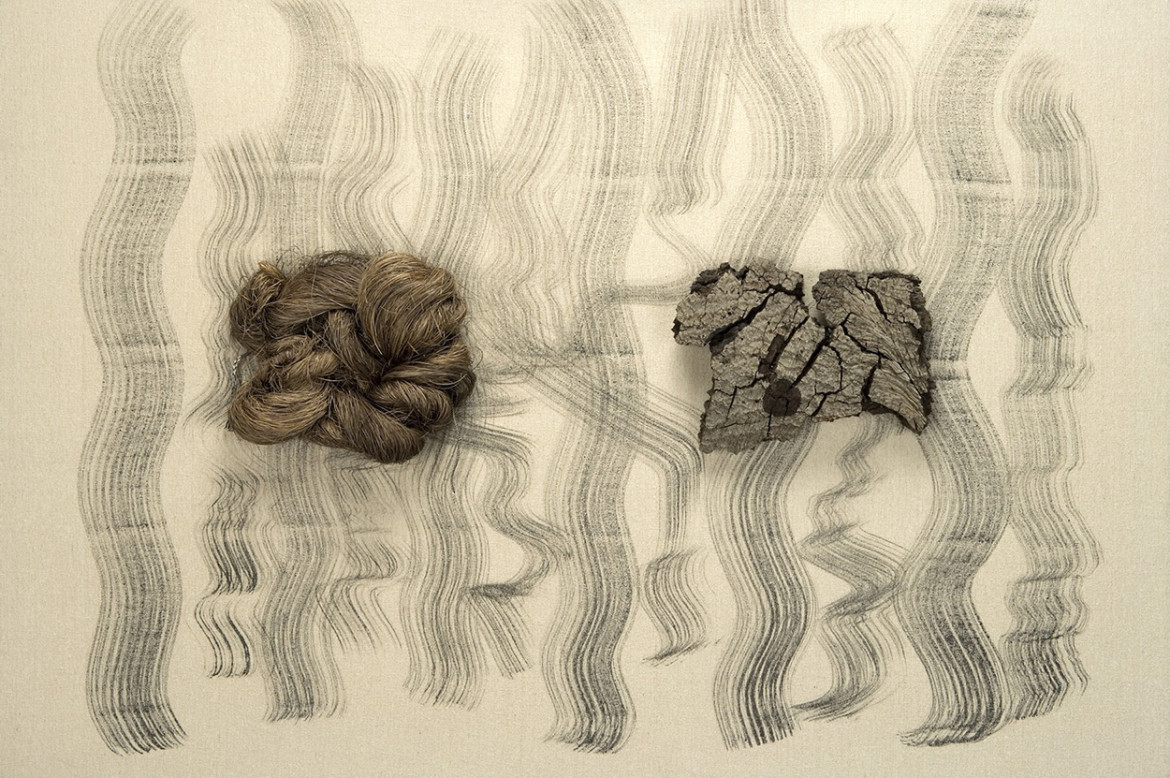 Joyce Hulbert, Wilderness, 2006, ink on fabric, wood, 32 x 6 x 48 inches